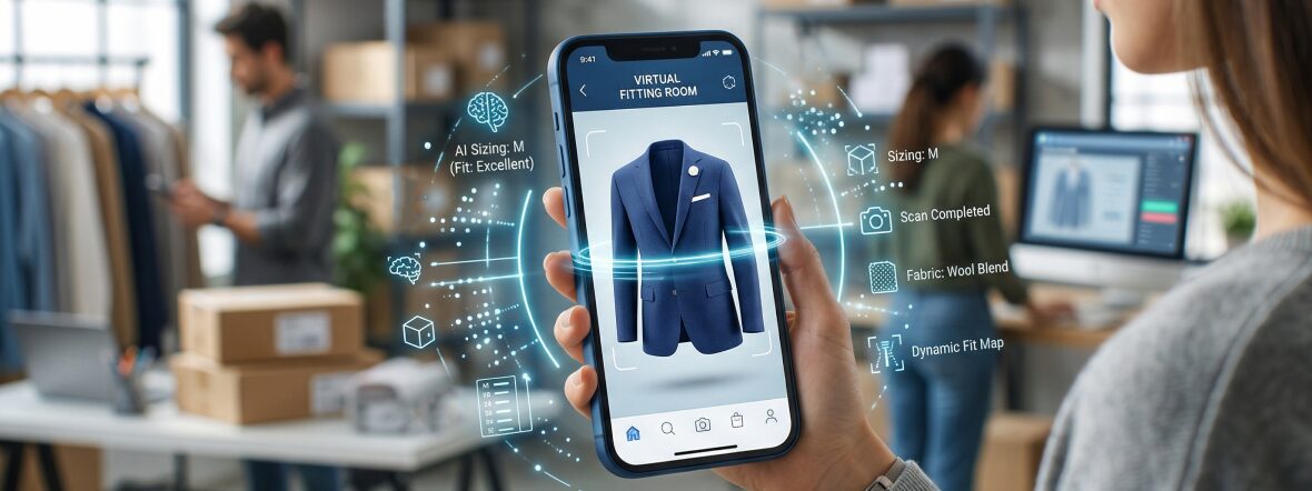 Smartphone mostrando un probador virtual con recomendación de talla con IA y visualización de ropa digital